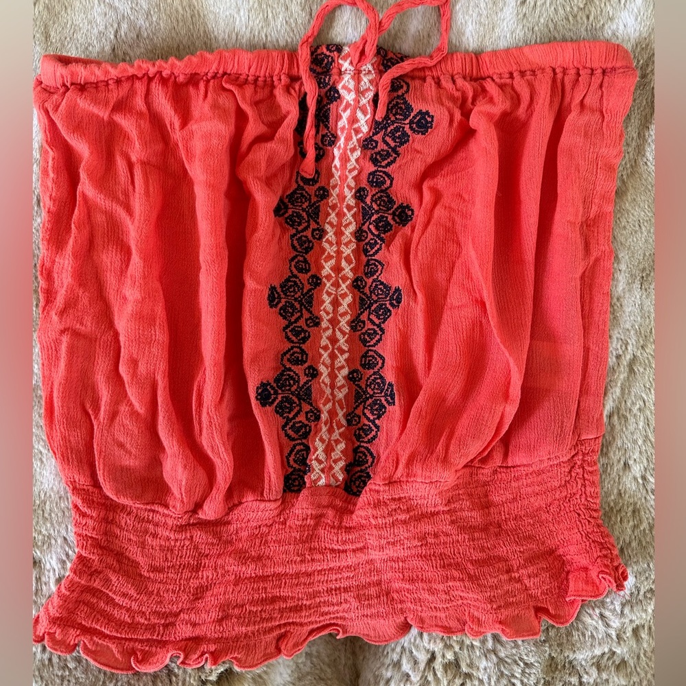 Coral linen tube top with navy detail and tie
